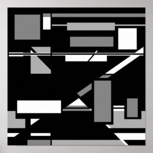 White Grey on Black MCM Look Geometric Abstract Poster