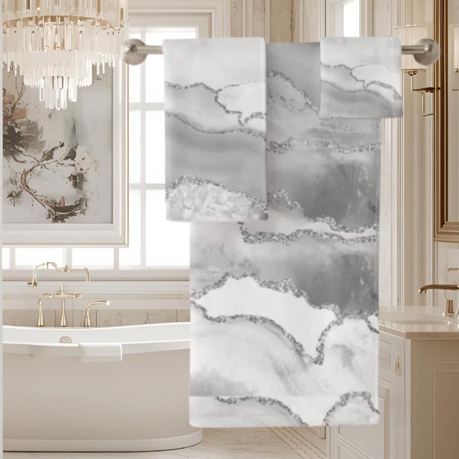 White Grey Silver Glitter Agate Elegant Bath Towel Set (Creator Uploaded)