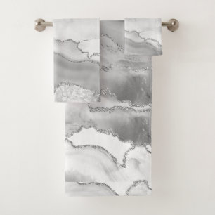 White Grey Silver Glitter Agate Elegant Bath Towel Set