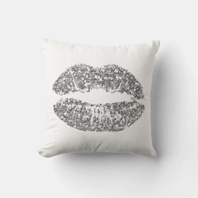 White Grey Silver Glitter Kiss Lips Makeup Sparkly Throw Pillow (Front)