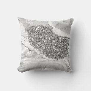 White Grey Silver Glitter Luxury Agate Geode Throw Pillow
