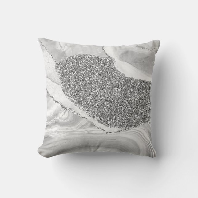White Grey Silver Glitter Luxury Agate Geode Throw Pillow (Front)