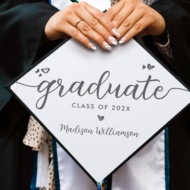 White Grey Simple Modern Elegant Script Hearts Graduation Cap Topper (Creator Uploaded)