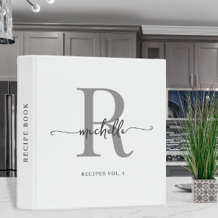 White Grey Stylish Script Monogram Cookbook Recipe Binder