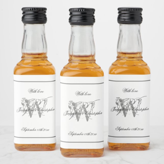 White & Grey Stylish Wedding Elegant Monogram Mini Liquor Bottle Label (Bottles)