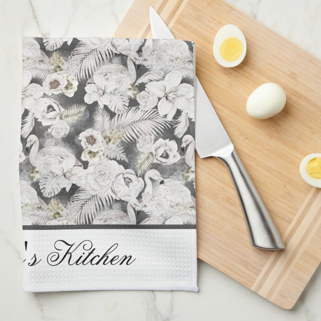 White Grey Swans Flowers Floral Elegant Stylish   Kitchen Towel (Quarter Fold)