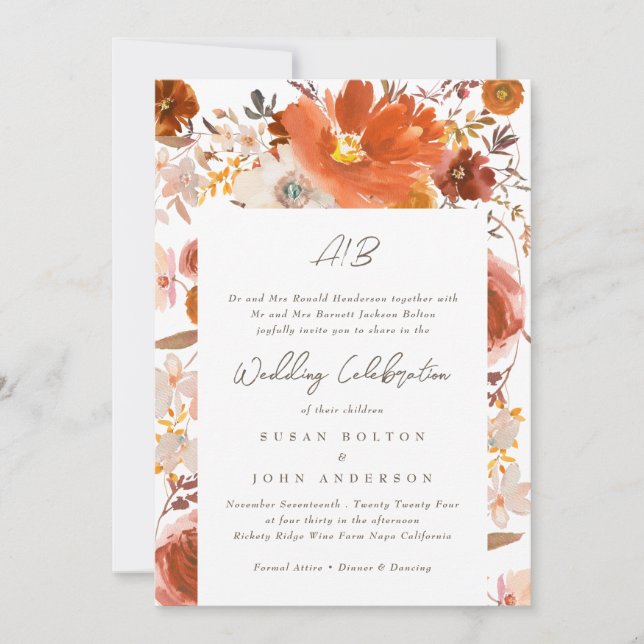 White Grey Terracotta Monogram Floral Border Invitation (Front)