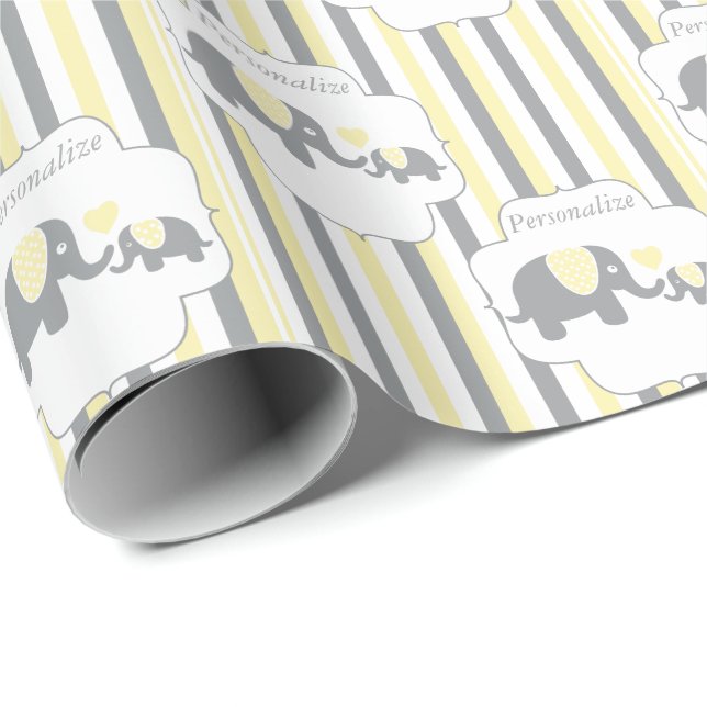 White, Grey & Yellow Stripe Elephants Baby Shower Wrapping Paper (Roll Corner)