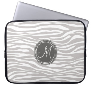 White & Grey Zebra Monogram Pattern Laptop Sleeve