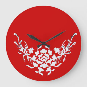 WHITE GRIFFINS AND FLOWERS IN RED LARGE CLOCK