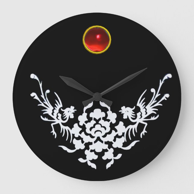 WHITE GRIFFINS AND FLOWERS ,Red Ruby Gem Stone Large Clock (Front)