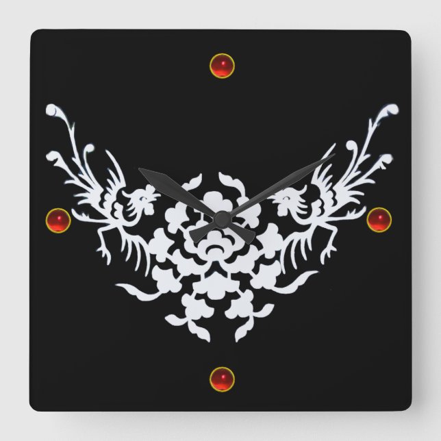 WHITE GRIFFINS AND FLOWERS,Red Ruby Gem Stone Square Wall Clock (Front)