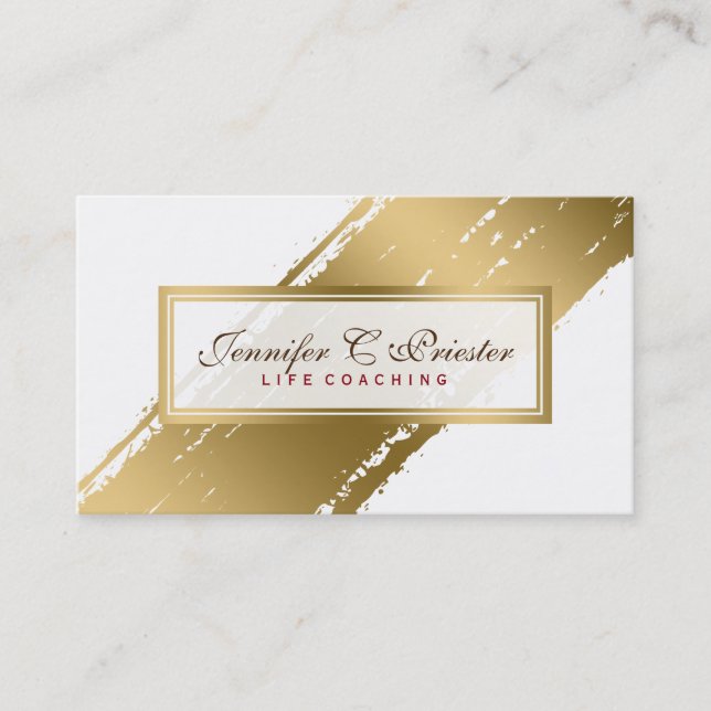 White & Grunge Gold Stripe  Modern Design Business Card (Front)