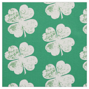 White Grungy Four-Leaf Clover on Green Ground Fabric