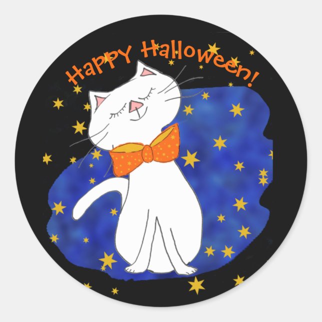 White Halloween Cate Blue Starry Night Classic Round Sticker (Front)