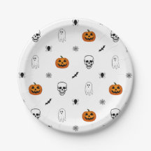 White Halloween Pattern Party Paper Plates