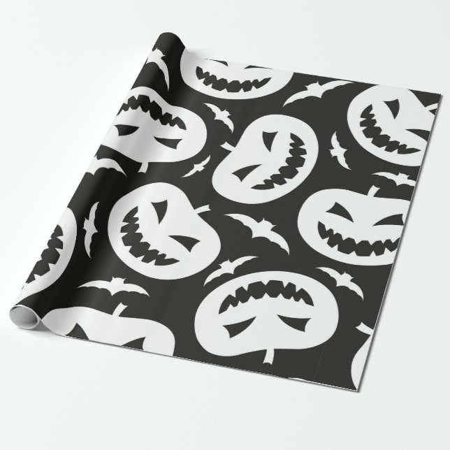 White halloween pumpkins and bats isolated on blac wrapping paper (Unrolled)