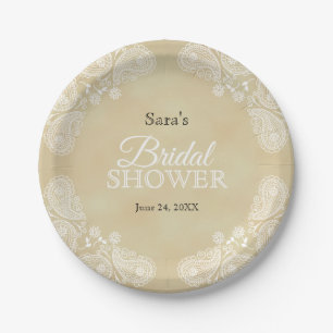 White Hand Drawn Paisley, Rustic Bridal Shower Paper Plate