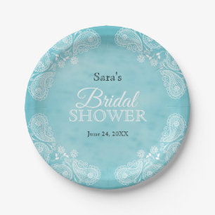 White Hand Drawn Paisley Teal Rustic Bridal Shower Paper Plate