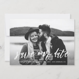 White Hand Lettered Script Photo Save the Date