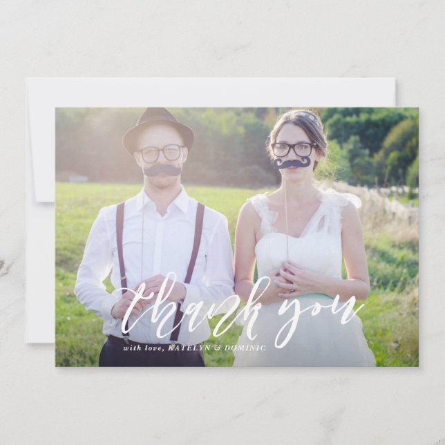 White Hand Lettered Script Photo Wedding Thank You Card (Front)