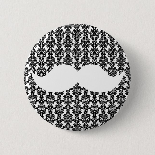 White Handlebar Moustache on Black Damask Paper 2 Inch Round Button (Front)