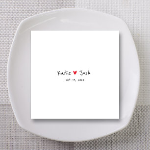 White Handwritten Names Red Heart Wedding Napkin