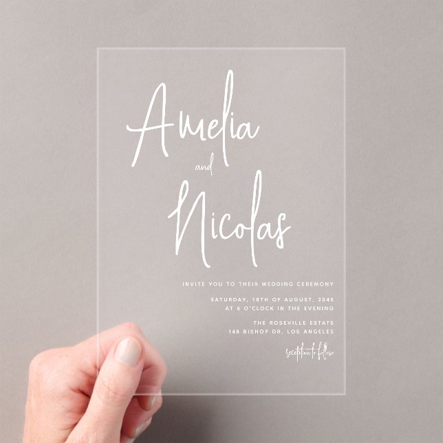 White Handwritten Script Minimalist Wedding Acrylic Invitations (Insitu (Handheld))
