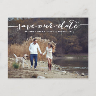 White Handwritten Script Photo Save Our Date II Announcement Postcard