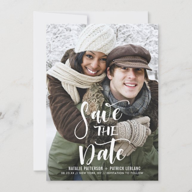 White Handwritten Script Photo Save the Date (Front)