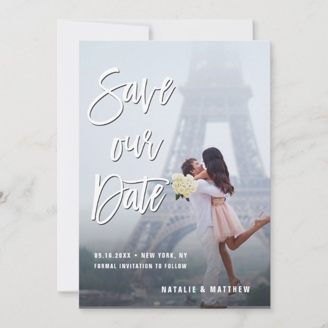 White Handwritten Script  Save Our Date Photo Card (Front)