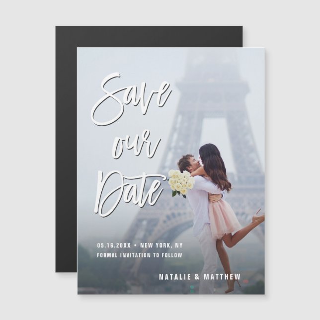 White Handwritten Script Save Our Date Photo Magnetic Invitation (Front/Back)