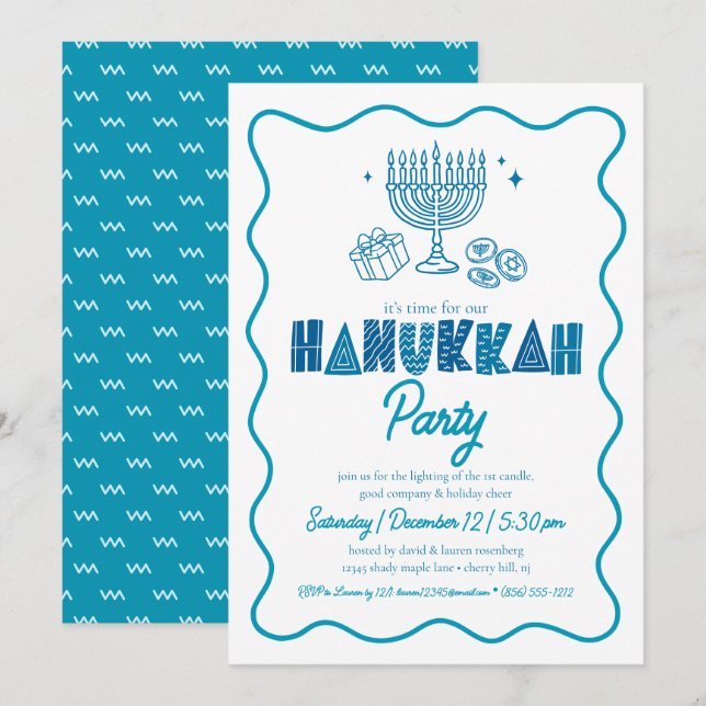 White Hanukkah Turquoise Typography Playful Doodle Invitation (Front/Back)