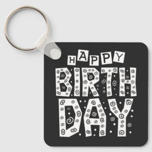white happy birthday typography text keychain