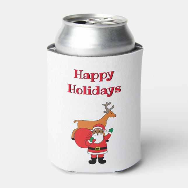 White Happy Holidays African American Santa Claus Can Cooler (Can Front)