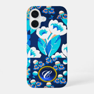 WHITE HAWAII BLUE FLOWERS BOLD FLORAL GEM MONOGRAM iPhone 16 CASE