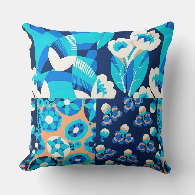 WHITE HAWAII BLUE FLOWERS BOLD FLORAL PATCHWORK THROW PILLOW (Front)