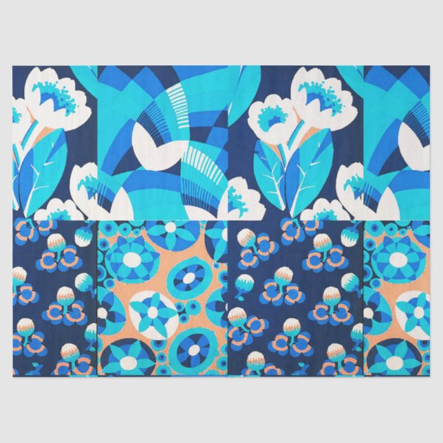 WHITE HAWAII BLUE FLOWERS BOLD FLORAL PATCHWORK TISSUE PAPER (Front)