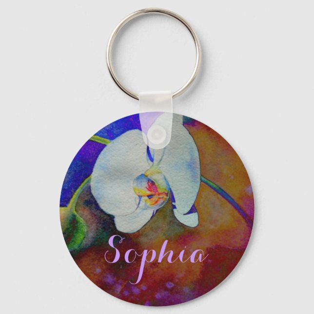 White Hawaiian orchid watercolor painting Keychain (Front)