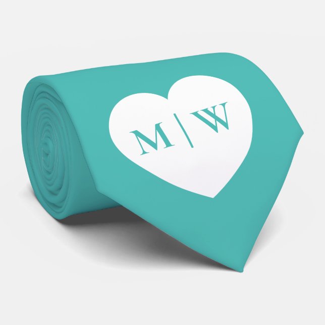 White heart Custom initials names Wedding on Teal  Tie (Rolled)