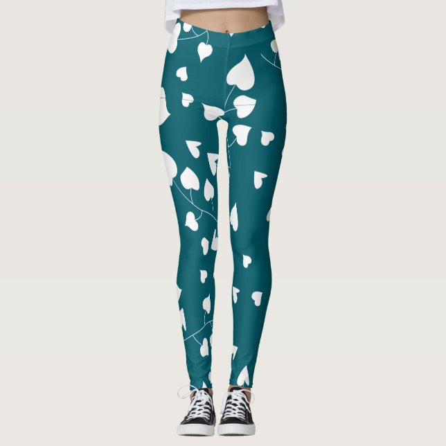 White heart leaf pattern on teal green leggings (Front)