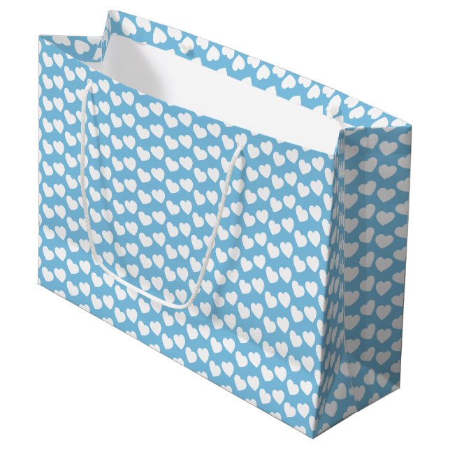 White Heart Pattern on Light Blue Large Gift Bag (Front Angled)
