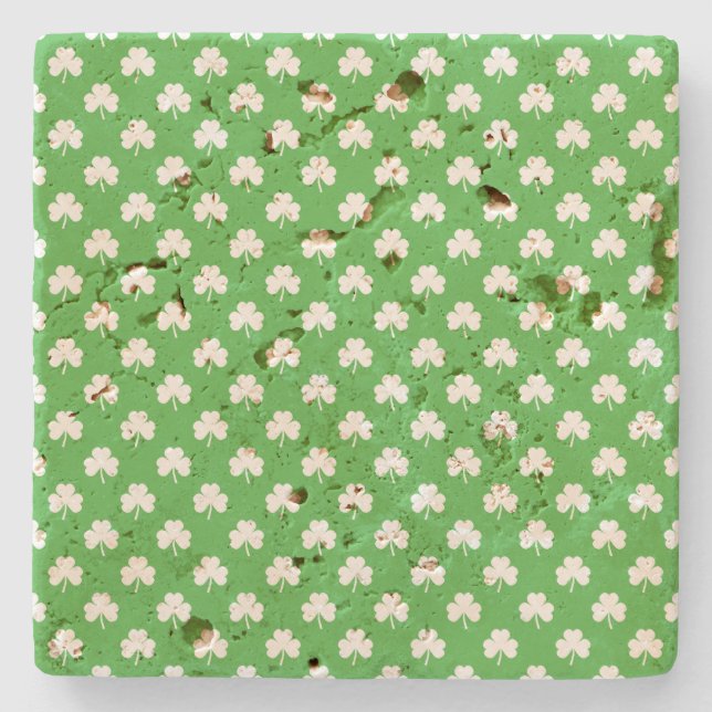 White Heart-Shaped Clover on Green St. Patrick's Stone Coaster (Front)