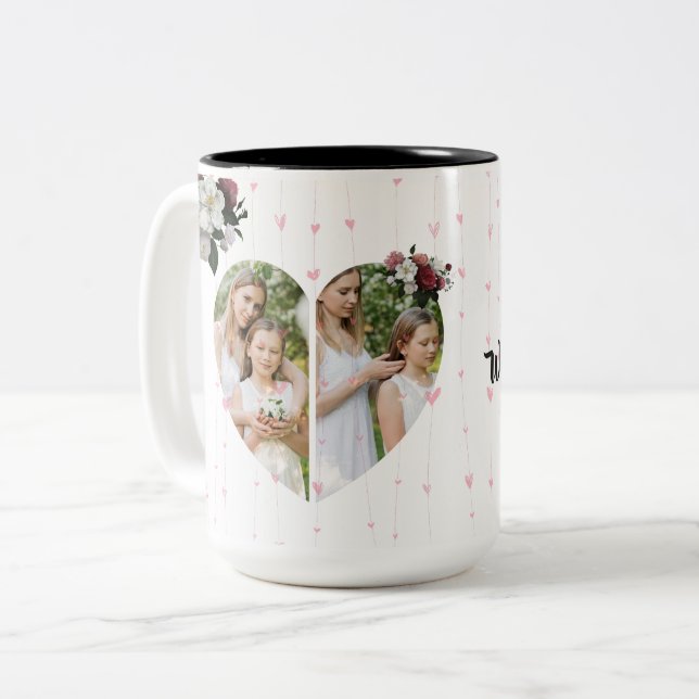 White Heart shaped Custom Photos monogrammed gift Two-Tone Coffee Mug (Front Left)