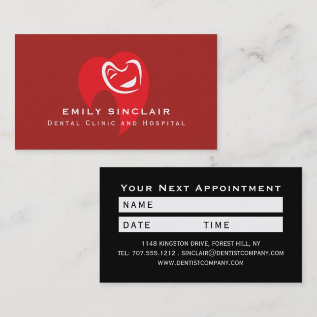 White Hearted Tooth Logo, Dentist Appointment Business Card (Front/Back)