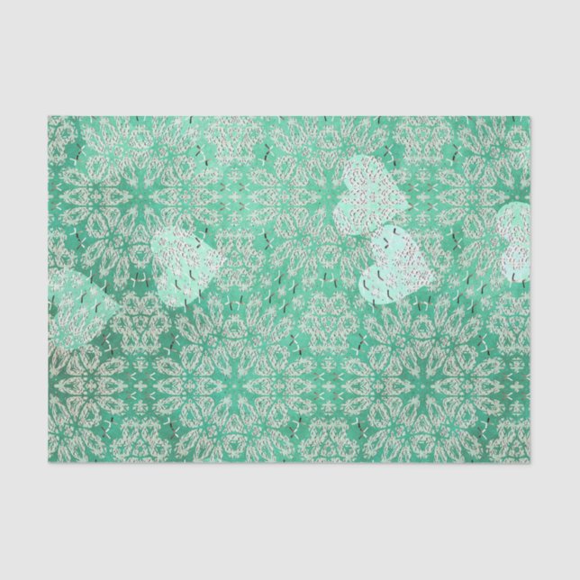 White Hearts And Lace Green Tissue Paper (Front)