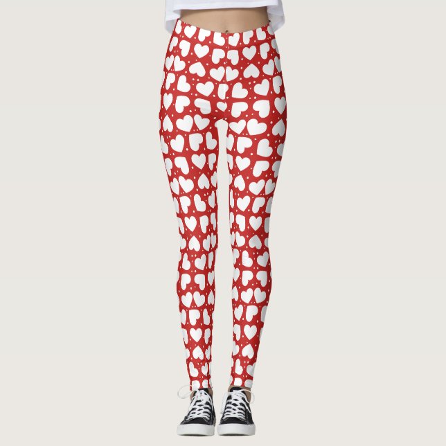 White Hearts and Polka Dots On Red Leggings (Front)
