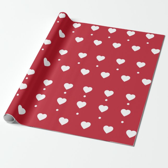 White Hearts & Dots Pattern Valentine Wrapping Paper (Unrolled)