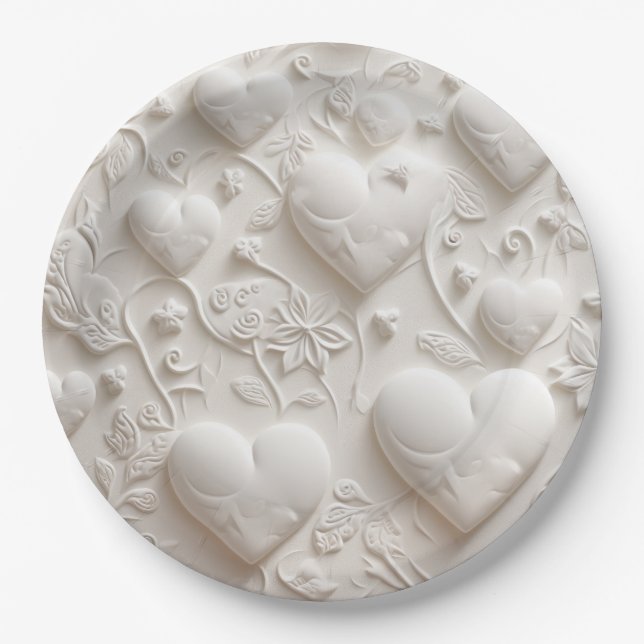 White Hearts (Embossed Look)  Paper Plate (Front)