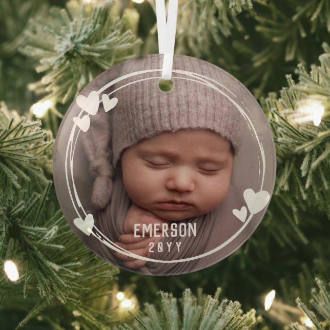 White Hearts Frame Baby Photo Add Name & Year Glass Ornament (Insitu)